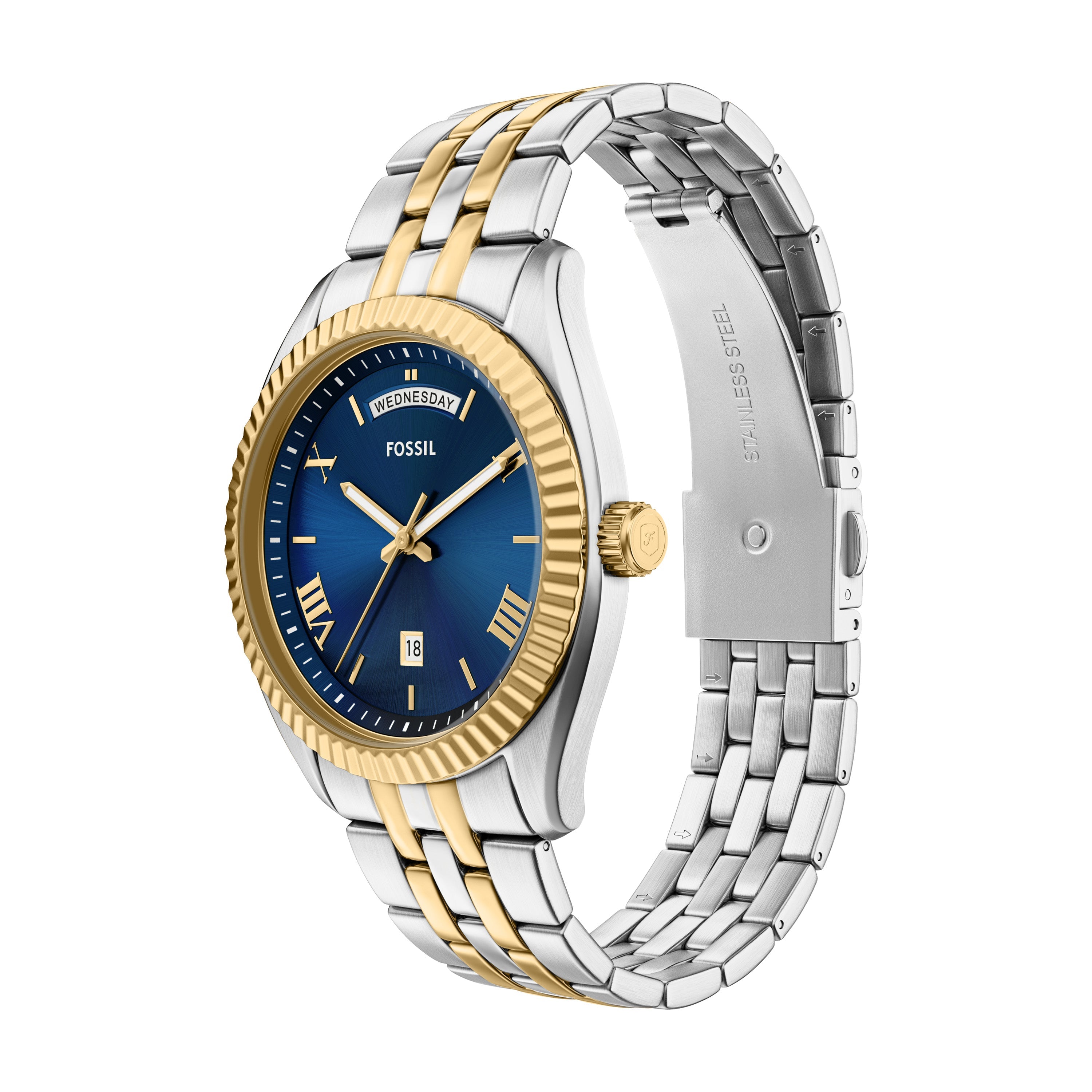 Fossil Three Hand Two Tone Stainless Steel Blue Dial Men's Watch | FS6141