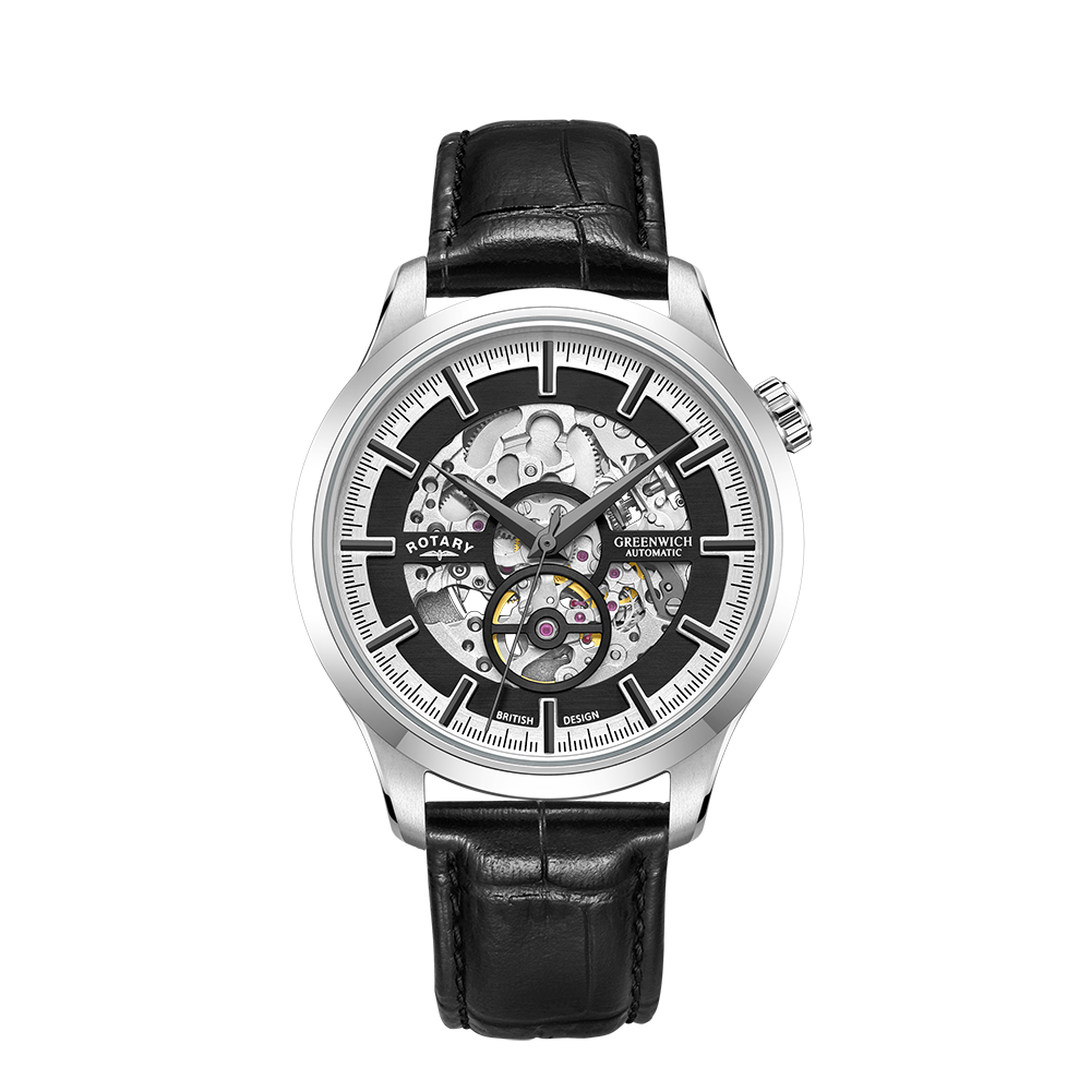 Rotary Greenwich Skeleton Automatic Black Leather Strap Men's Watch | GS02945/87