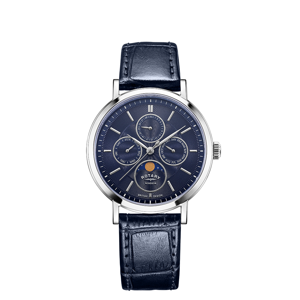 Rotary Windsor Moonphase Blue Leather Strap Men's Dress Watch | GS05425/05