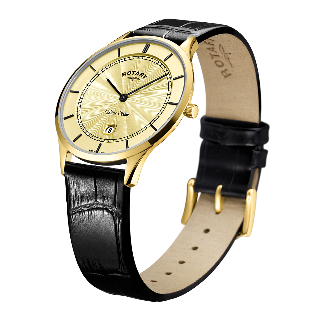 Rotary Ultra Slim Champagne Dial and Black Leather 38mm Unisex Watch | GS08413/03