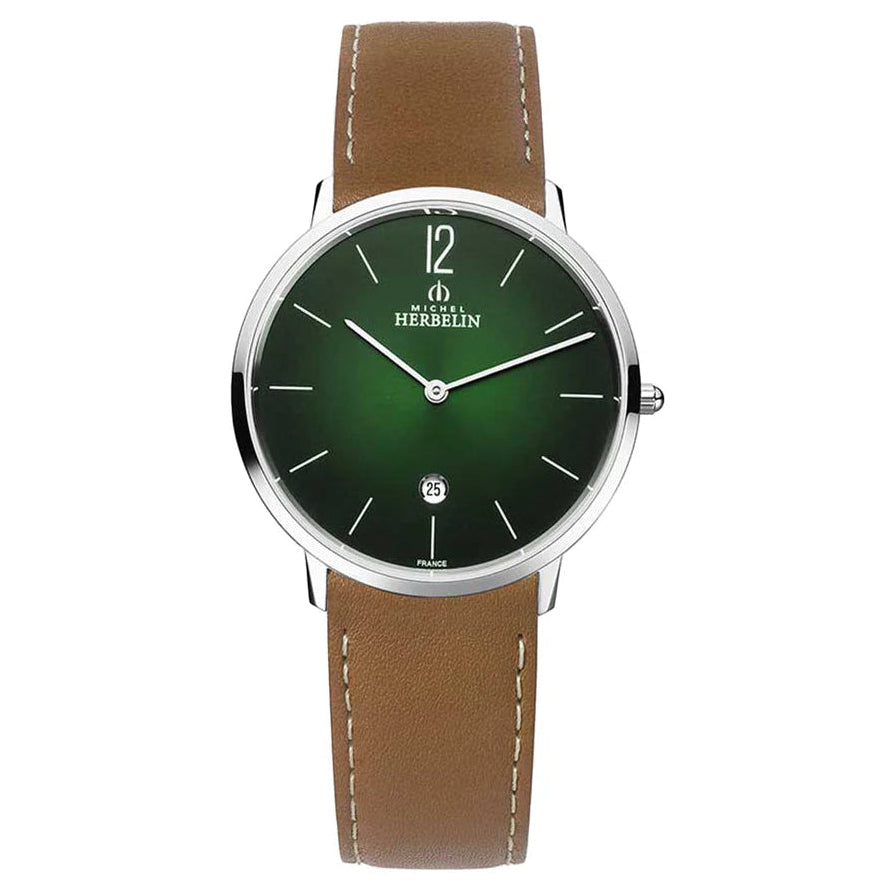 HERBELIN City Sunray Green Dial Genuine Leather Tan Strap Unisex Watch | 19515/16NGO