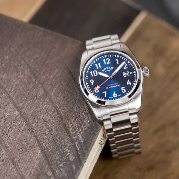 Rotary Commando Pilot Automatic Silver Stainless Steel Men's Dress Watch | GB05470/52