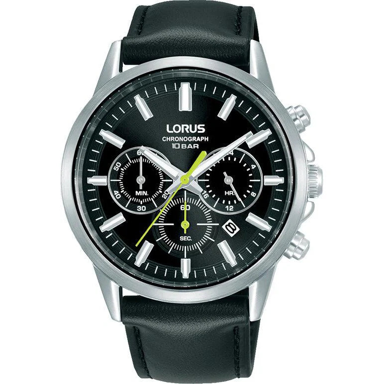 Lorus Black Dial Leather Strap Chronograph Men's Watch | RT379KX9