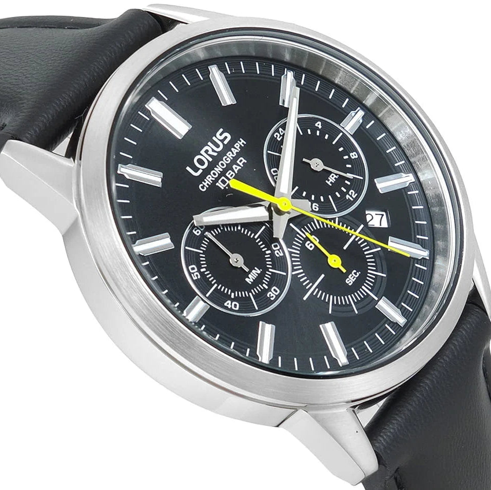 Lorus Black Dial Leather Strap Chronograph Men's Watch | RT379KX9