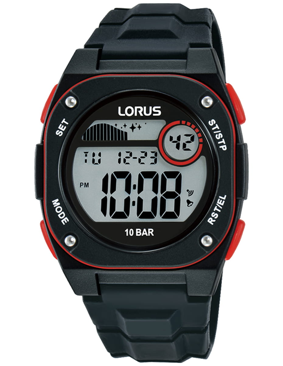 Lorus Black and Red Digital Dial Black Strap Unisex Watch | R2327QX9