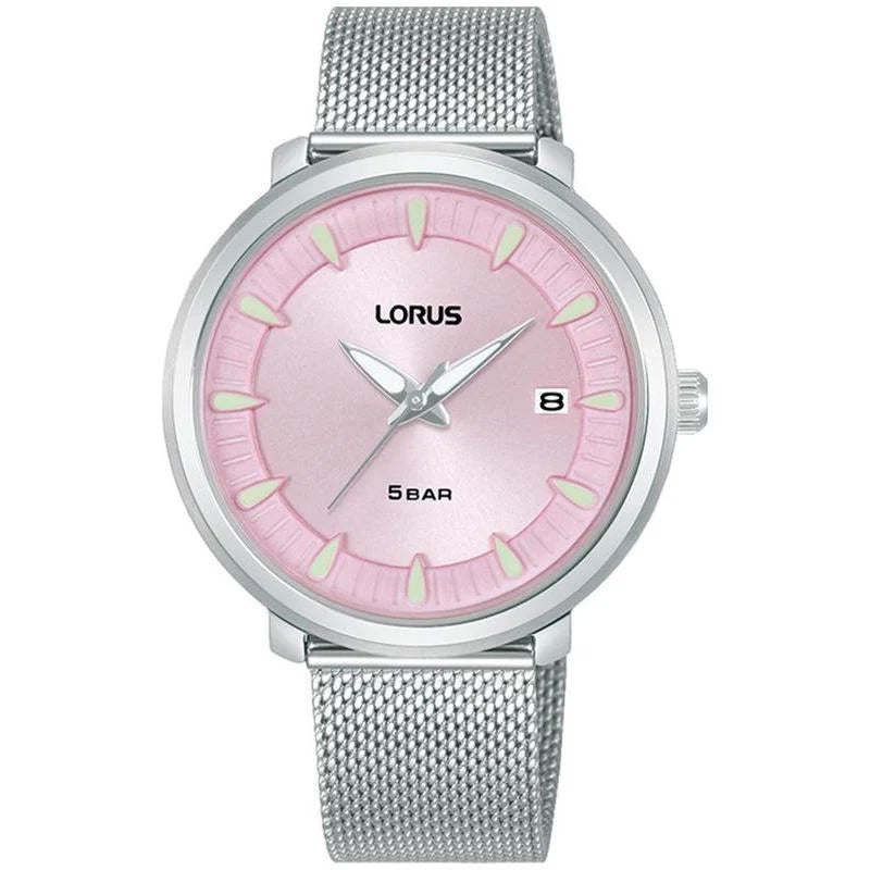 Lorus Pink Dial Calendar Stainless Steel Mesh Women's Watch | RG807DX9