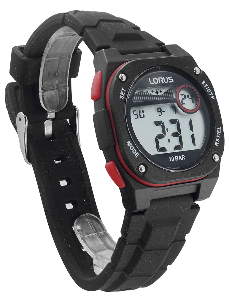 Lorus Black and Red Digital Dial Black Strap Unisex Watch | R2327QX9