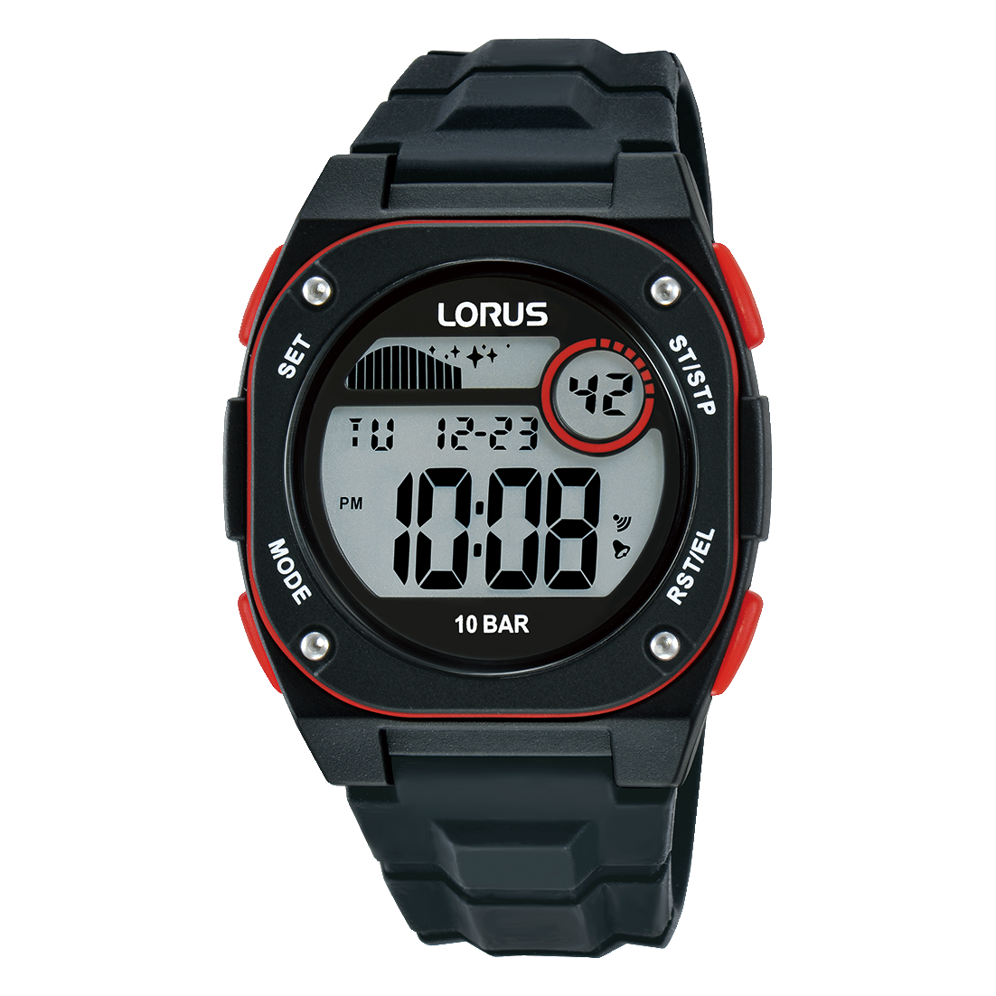 Lorus Black and Red Digital Dial Black Strap Unisex Watch | R2327QX9