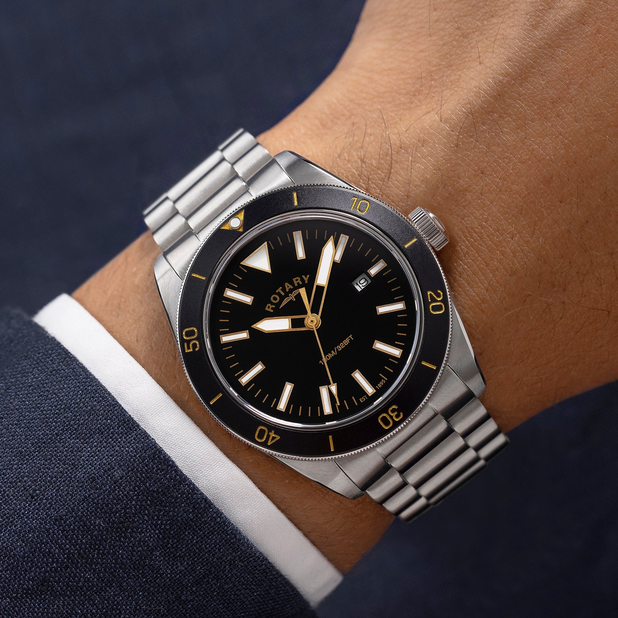 Rotary Apex100 Black Dial and Black Steel Bracelet 41mm Men's Watch | RGB10001/06