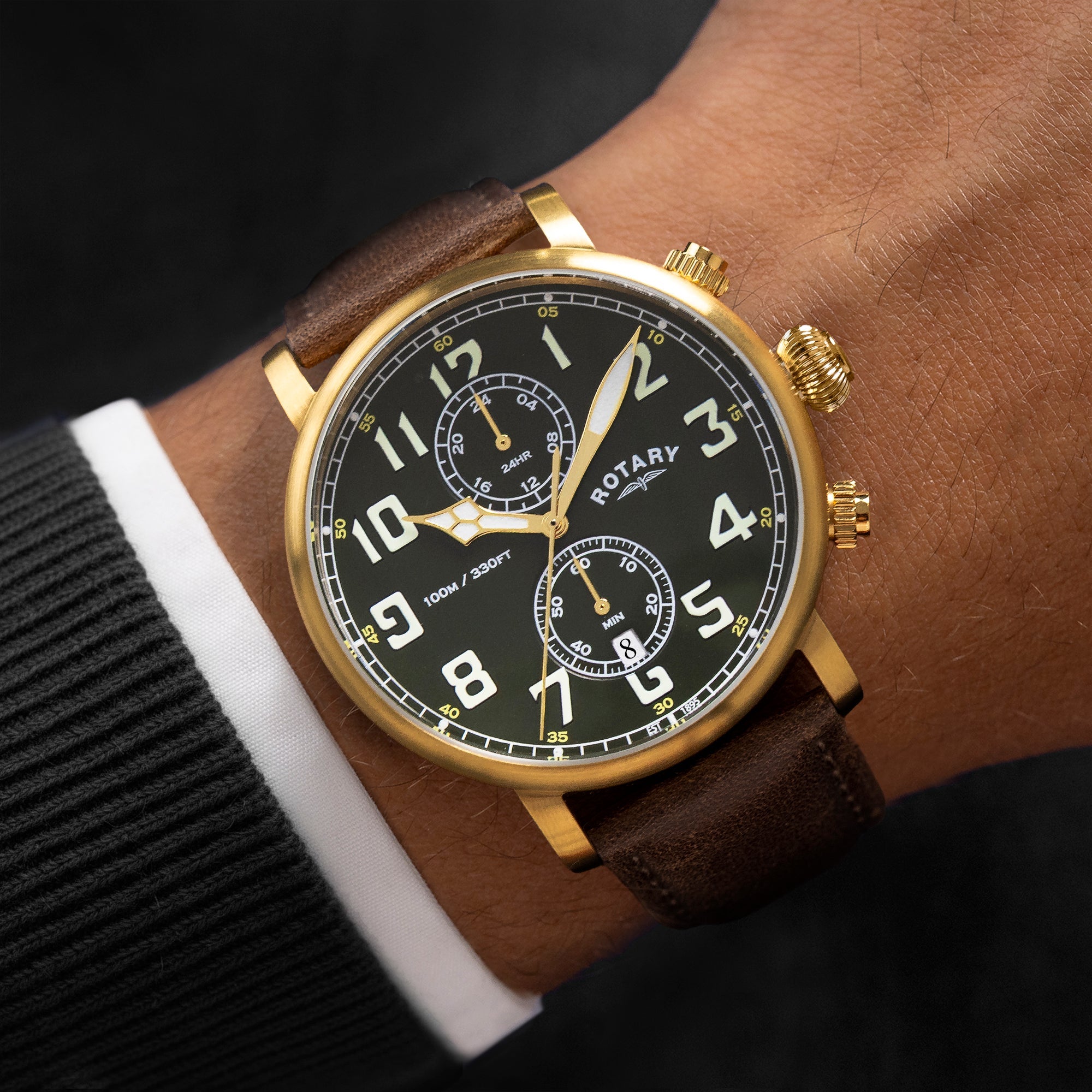 Rotary Men's Heritage Pilot Gold PVD & Leather Watch | RGS10002/24