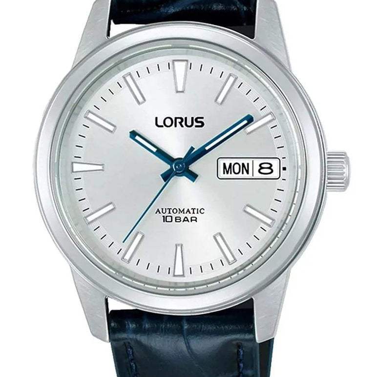 Lorus Stainless Steel Silver Dial with Navy Leather Strap Men's Dress Watch | RL407CX9G
