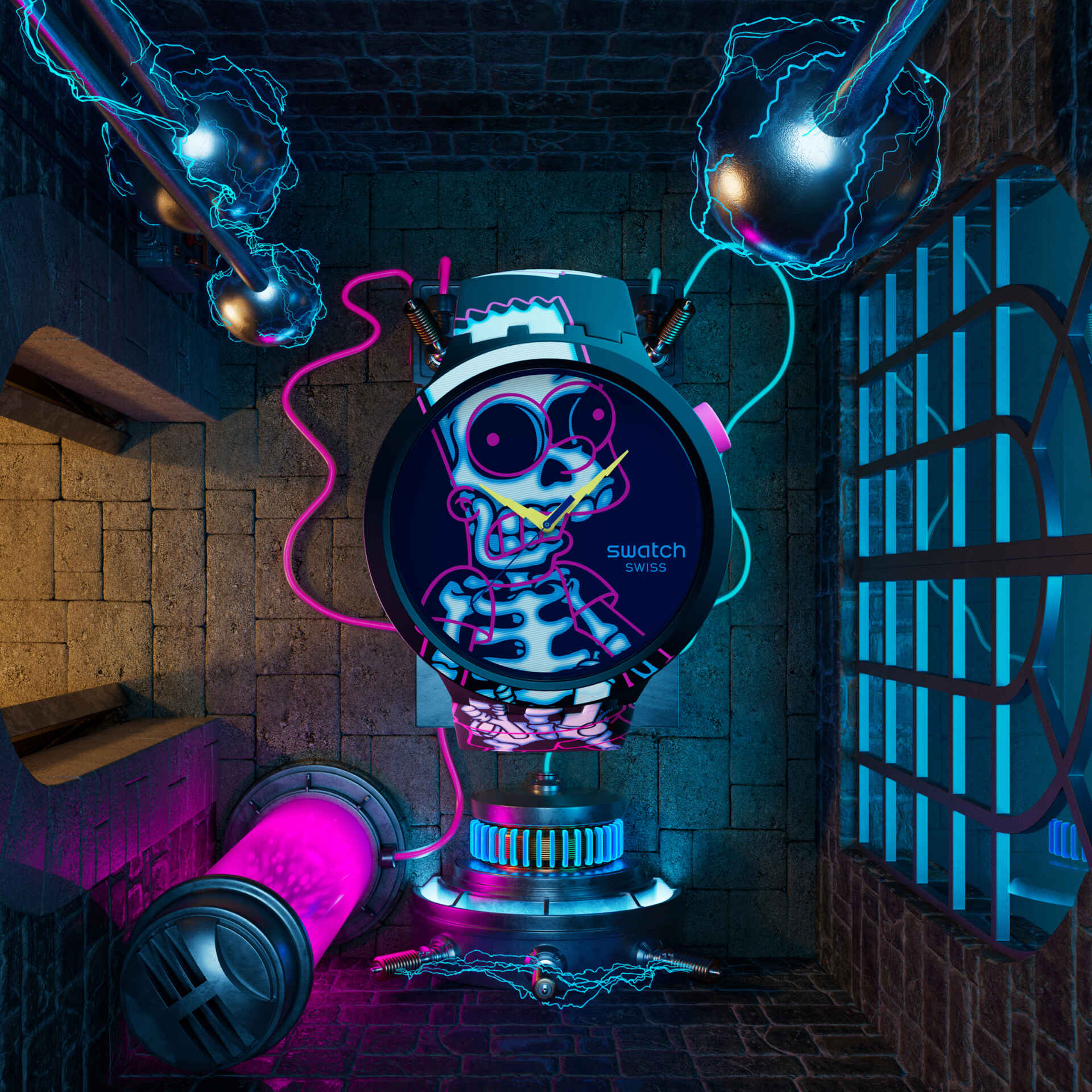 Swatch Aye Carumboo Black Multi Colour Dial Yellow Hands Black Strap Unisex Watch | SB01Z105