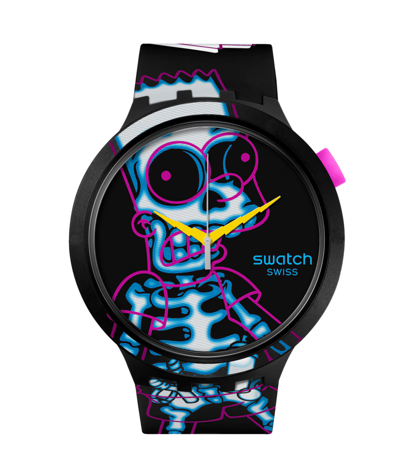 Swatch Aye Carumboo Black Multi Colour Dial Yellow Hands Black Strap Unisex Watch | SB01Z105