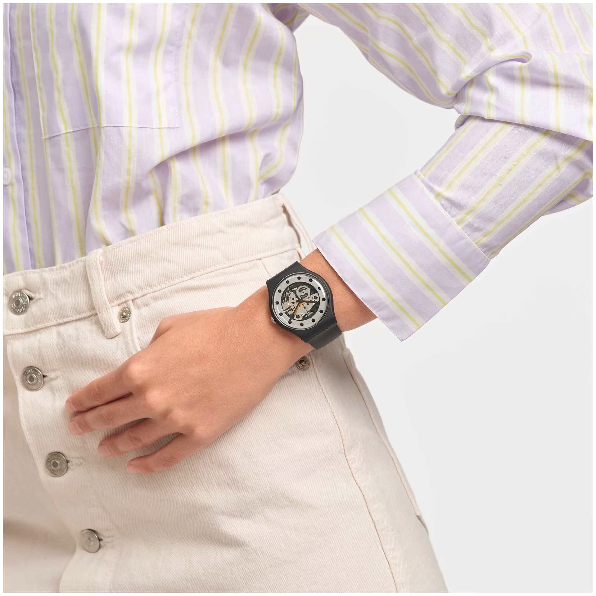 Swatch Silver Glam Black Dial and Black Rubber Strap 41mm Men's Watch | SO29B109