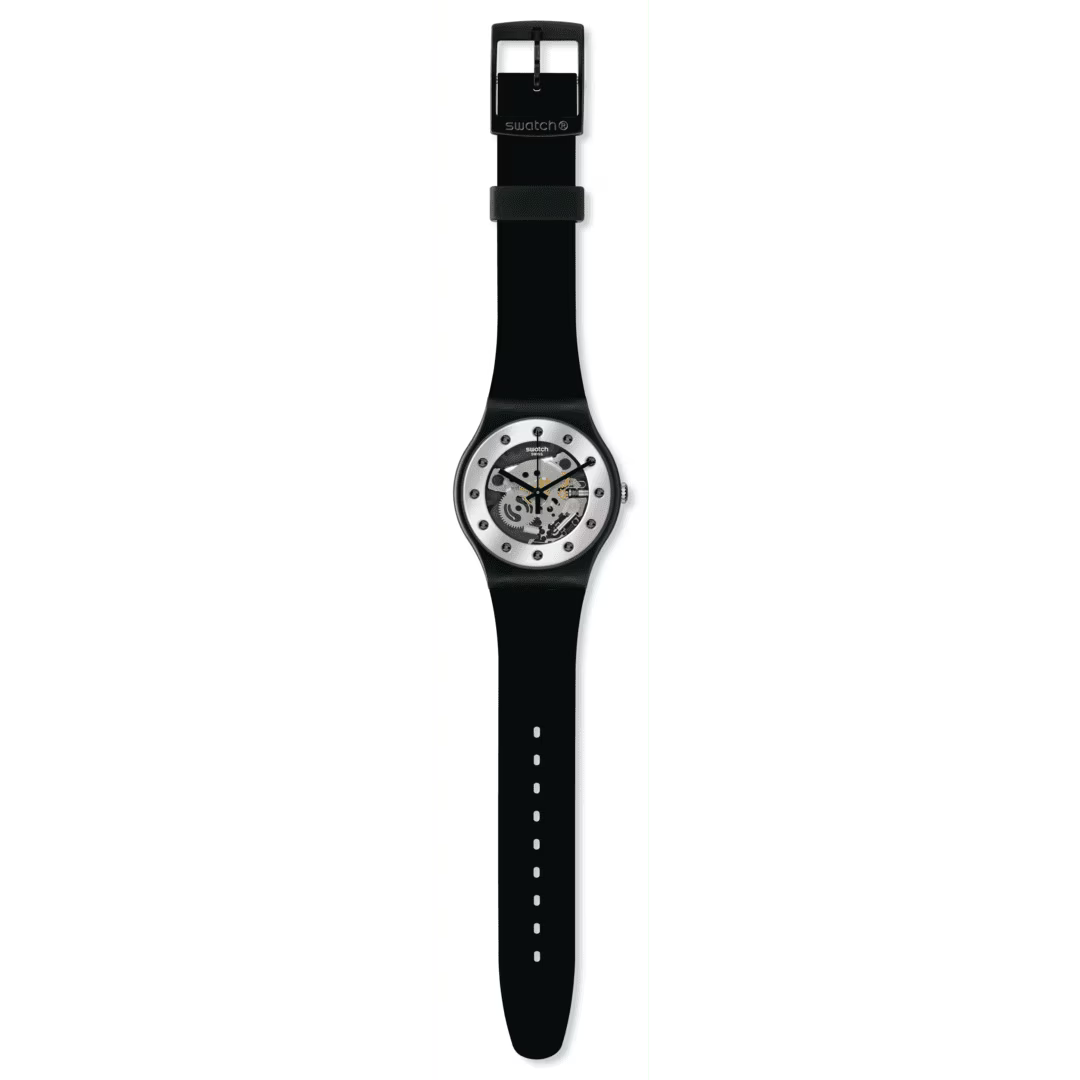 Swatch Silver Glam Black Dial and Black Rubber Strap 41mm Men's Watch | SO29B109