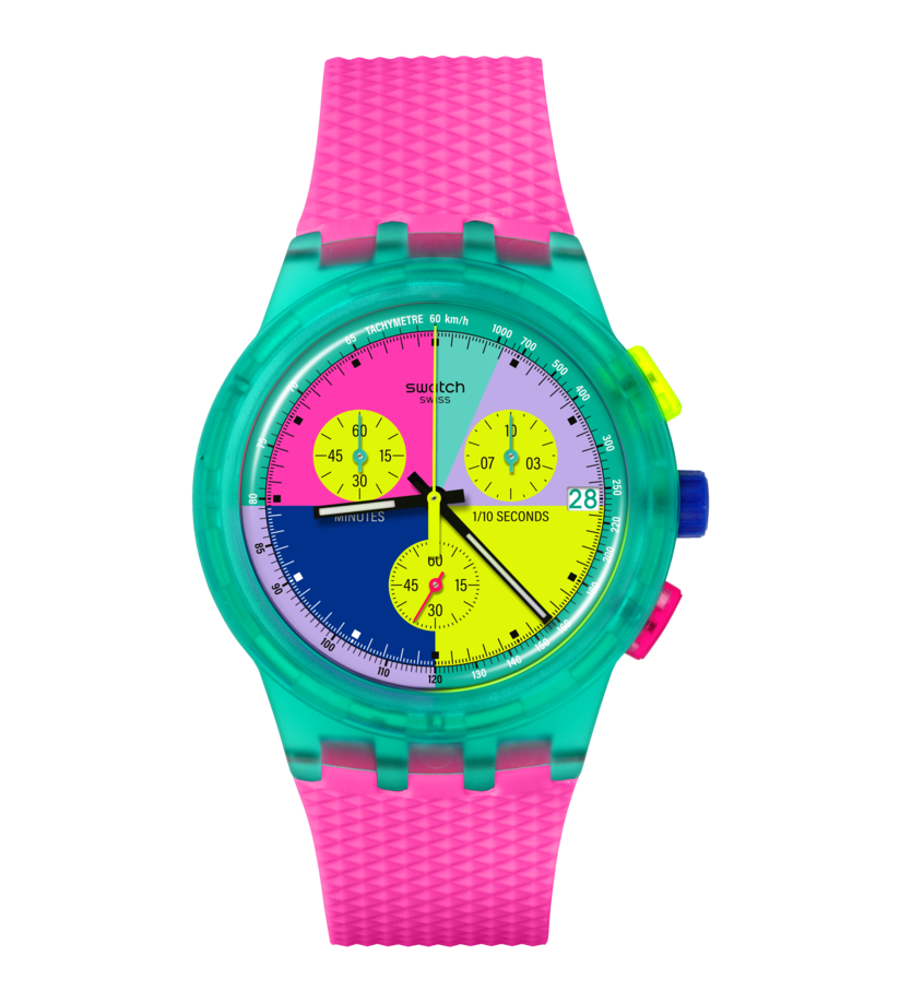 Swatch Neon Flash Chrono Multi-Colour Dial Pink Strap Unisex Watch | SUSG408