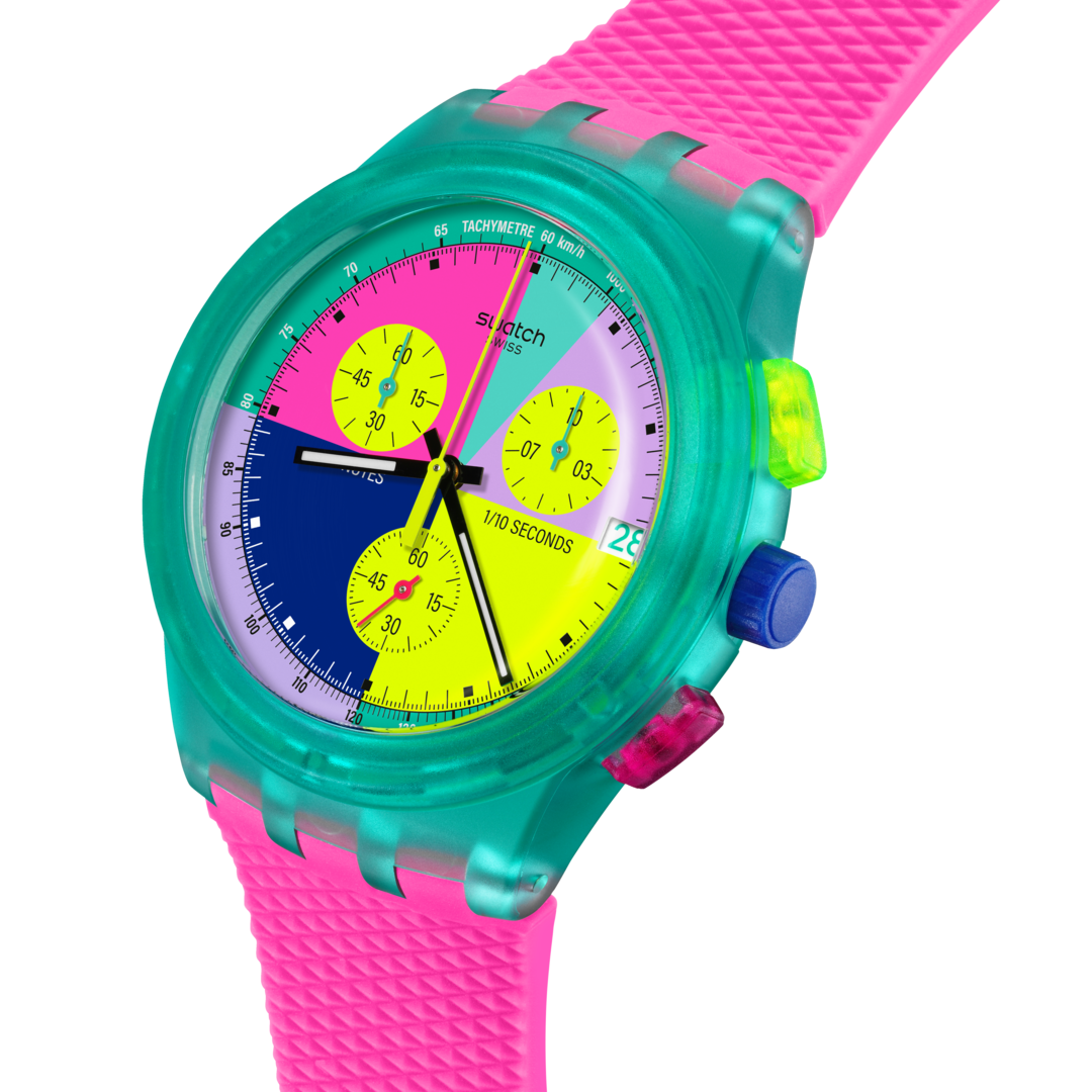 Swatch Neon Flash Chrono Multi-Colour Dial Pink Strap Unisex Watch | SUSG408