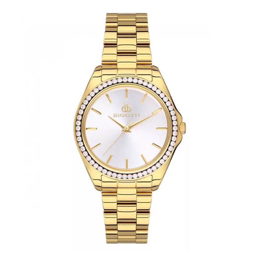 Bigotti Rose Gold Silver Dial Stones On Bezel Men's Watch | BG.1.10497-3