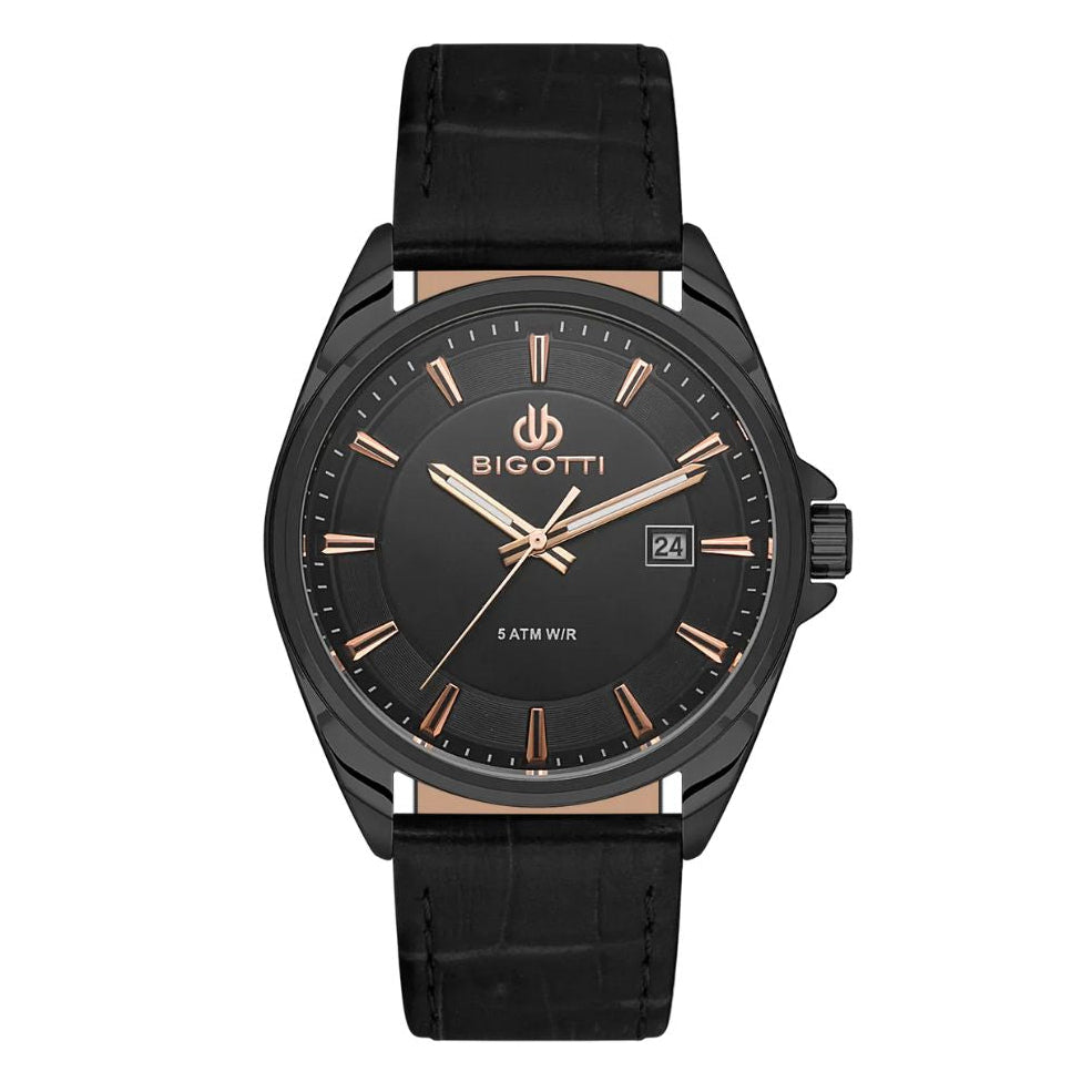 Bigotti Black Calendar Rose Gold Dial Leather Men's Watch | BG.1.10486-5