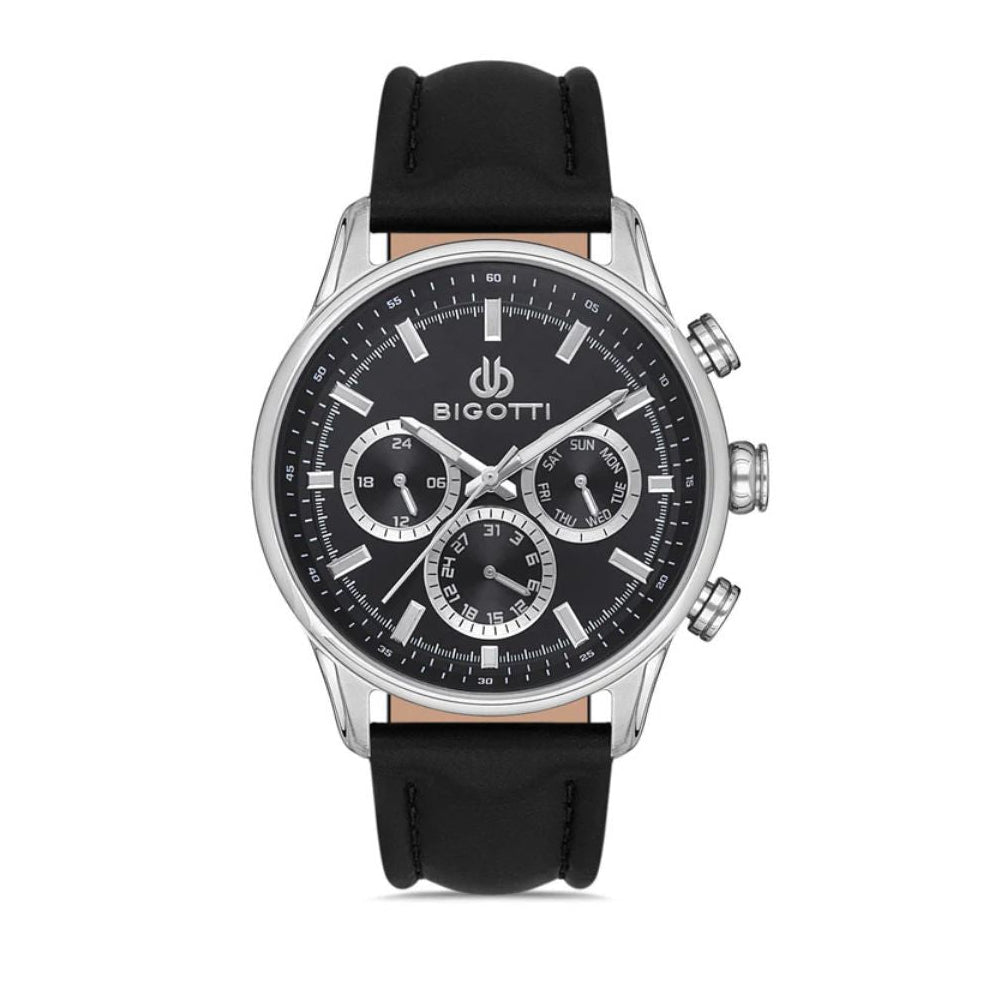 Bigotti Stainless Steel Black Multi-Dial Batons Black Leather Strap Men's Watch | BG.1.10390-1
