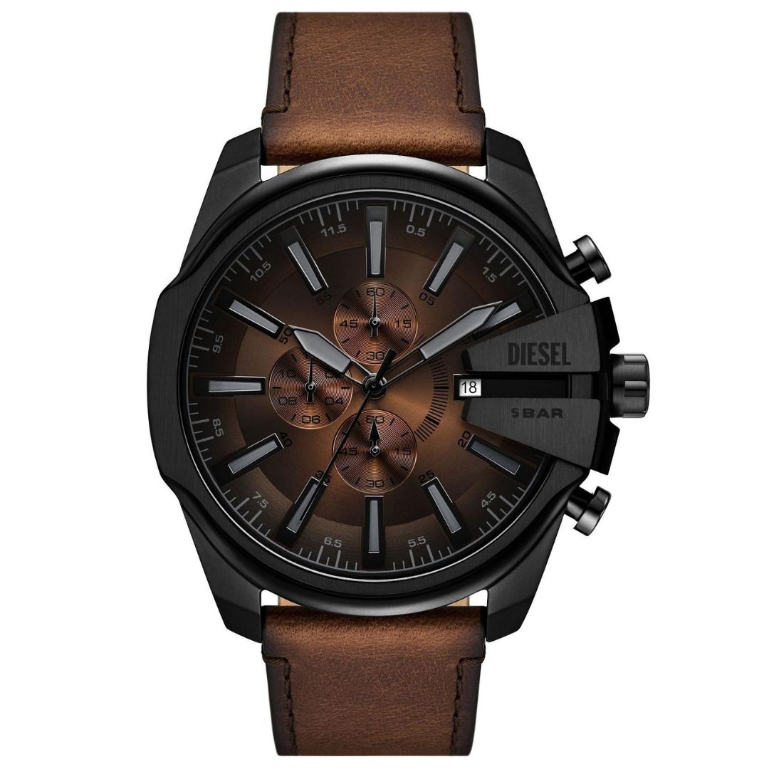Diesel Mega Chief Black Dial Leather Strap Men's Watch | DZ4692