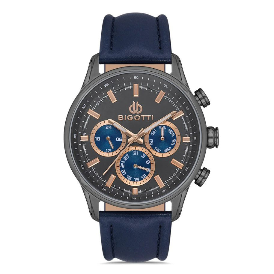 Bigotti Gunmetal Grey Blue Multi-Dial Rose Gold Hands Blue Leather Strap | BG.1.10390-6