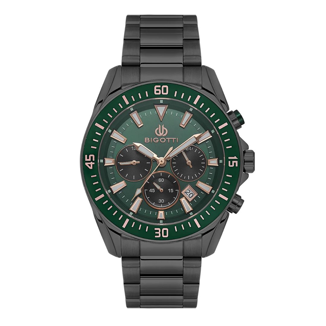 Bigotti Gunmetal Green Dial Calendar Stainless Steel Men’s Watch | BG.1.10570-4