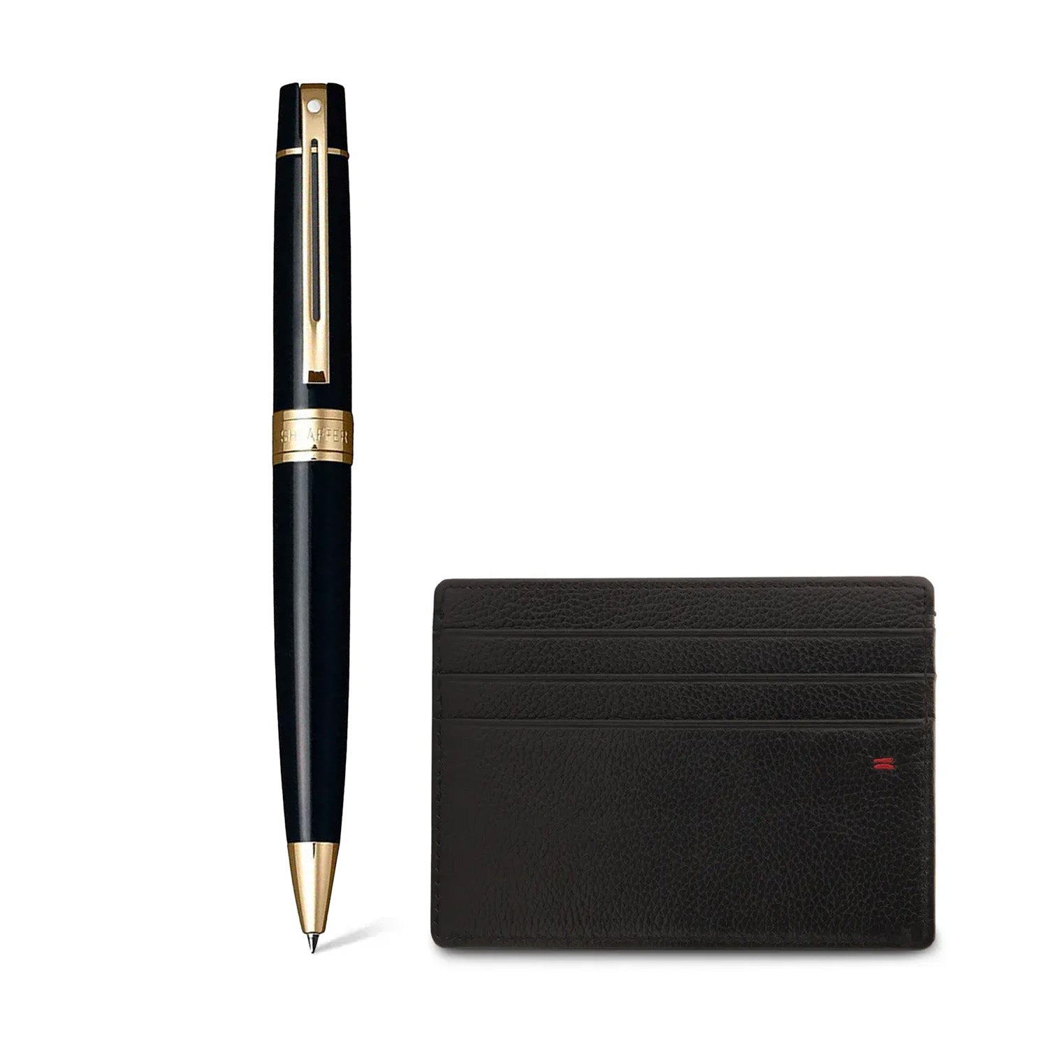 Sheaffer Glossy Black 300 Ballpoint Pen with Gold Trims and Credit Card Holder Gift Set| G2932551-2