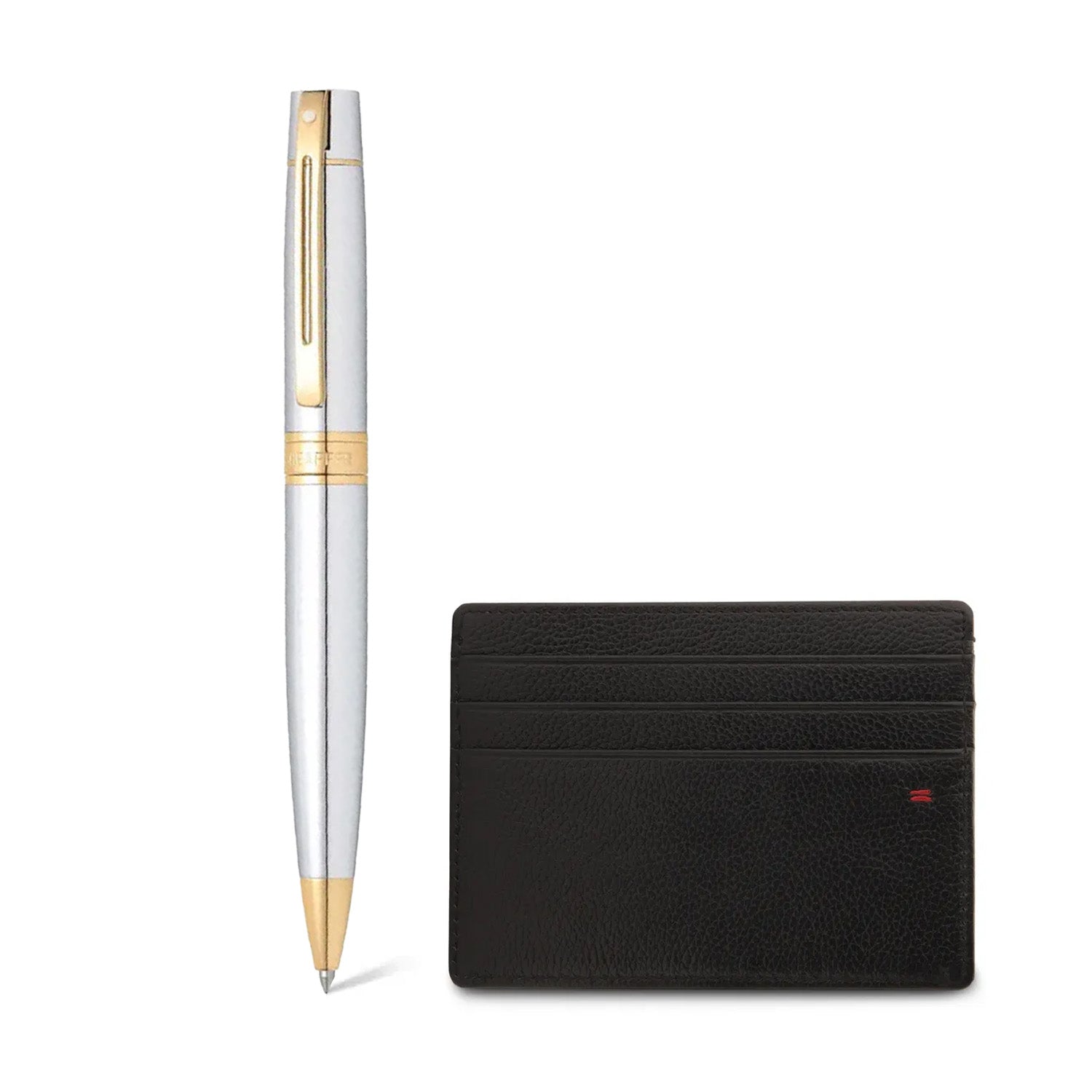 Sheaffer Bright Chrome 300 Ballpoint Pen with Gold Trims and Credit Card Holder Gift Set | G2934251-2