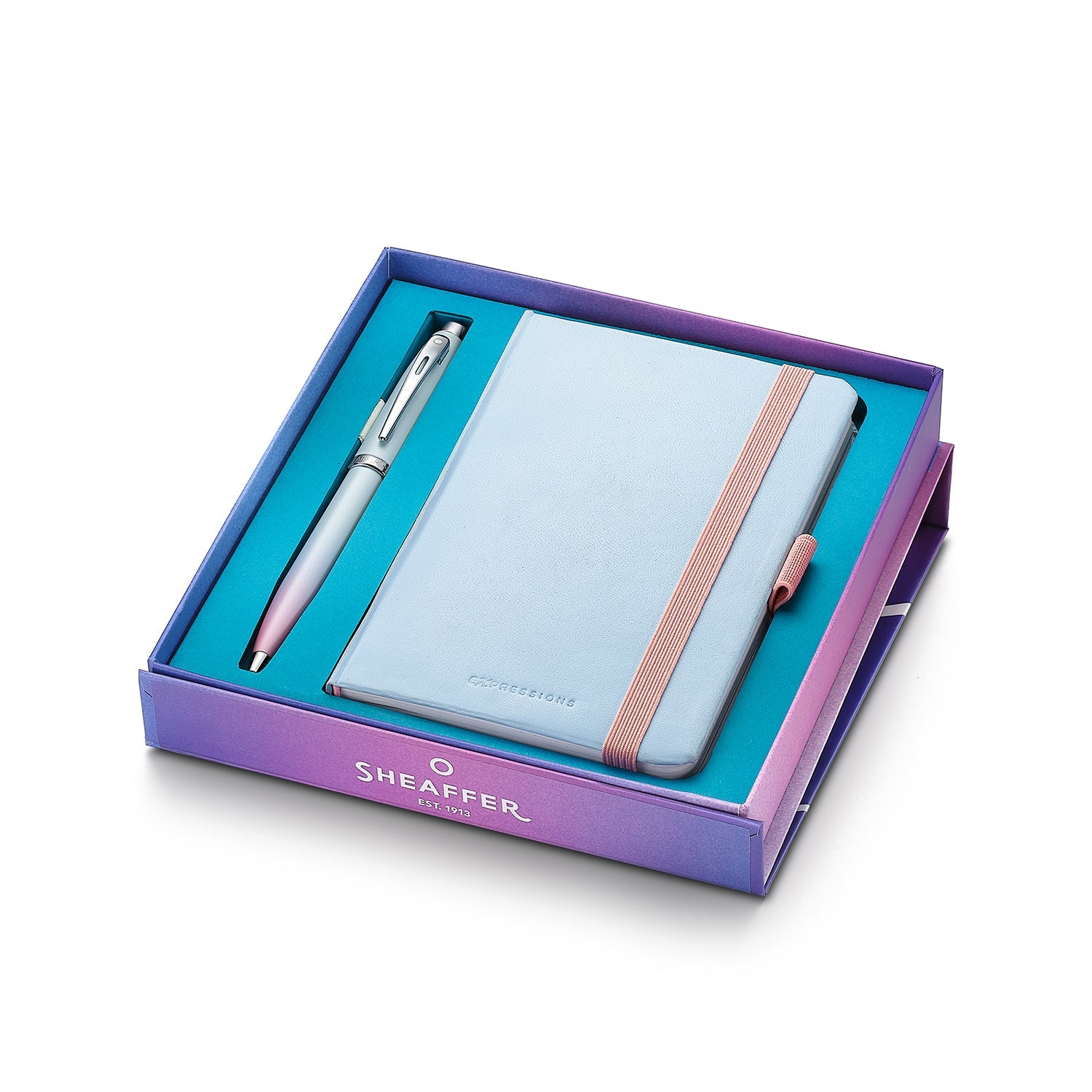 Sheaffer Expressions 100 9376 Blue and Pink Pearlised Gradient Ballpoint Pen with Chrome-plated Trims and Small Notebook Gift Set | G2937651-4