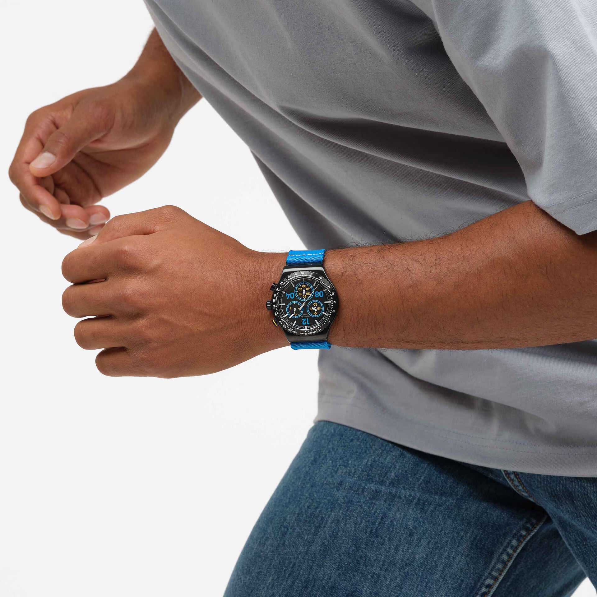 Swatch Moments in Blue Black & Blue Rubber 43mm Men's Watch | YVB100