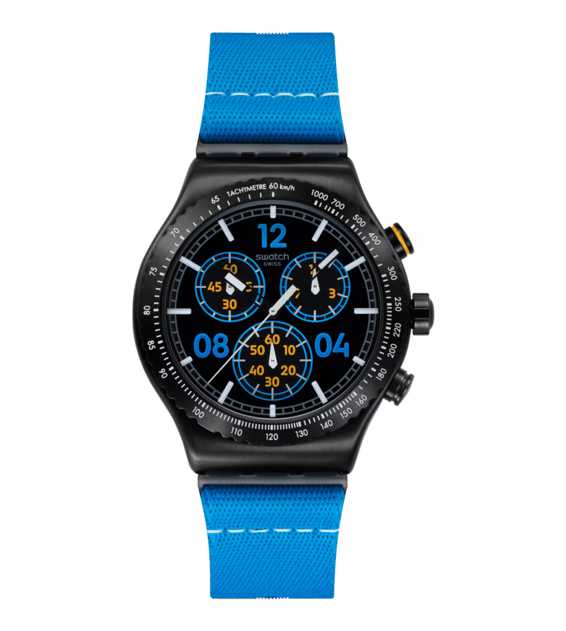 Swatch Moments In Blue Black Dial and Blue Rubber Strap 43mm Men's Watch | YVB100