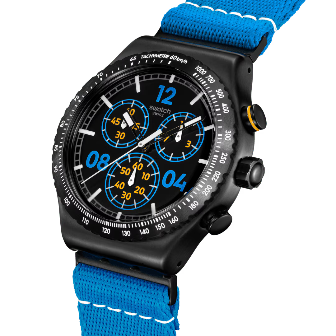 Swatch Moments In Blue Black Dial and Blue Rubber Strap 43mm Men's Watch | YVB100