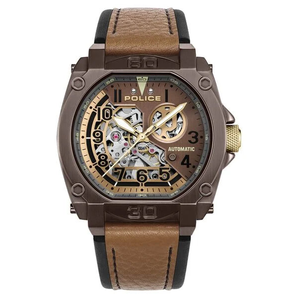 Police Automatic Skeleton Dial Leather Strap Men's Watch | PLPEWGE0040002