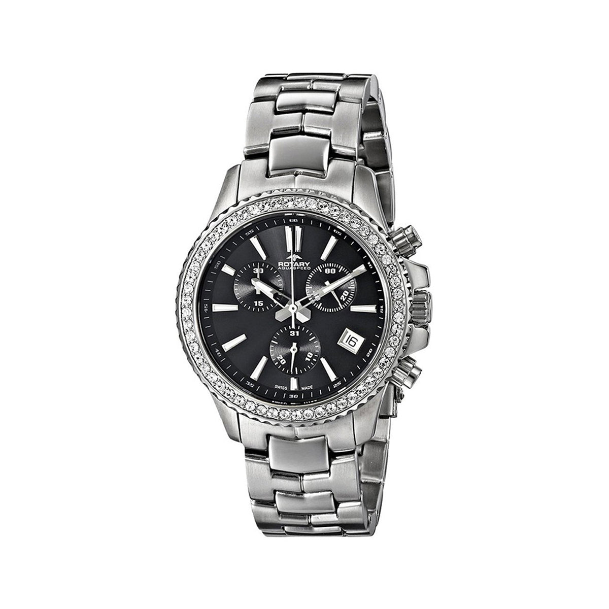 Rotary Acquaspeed Silver Dial and Black Steel Bracelet 37mm Women's Watch | alb90086/c/04