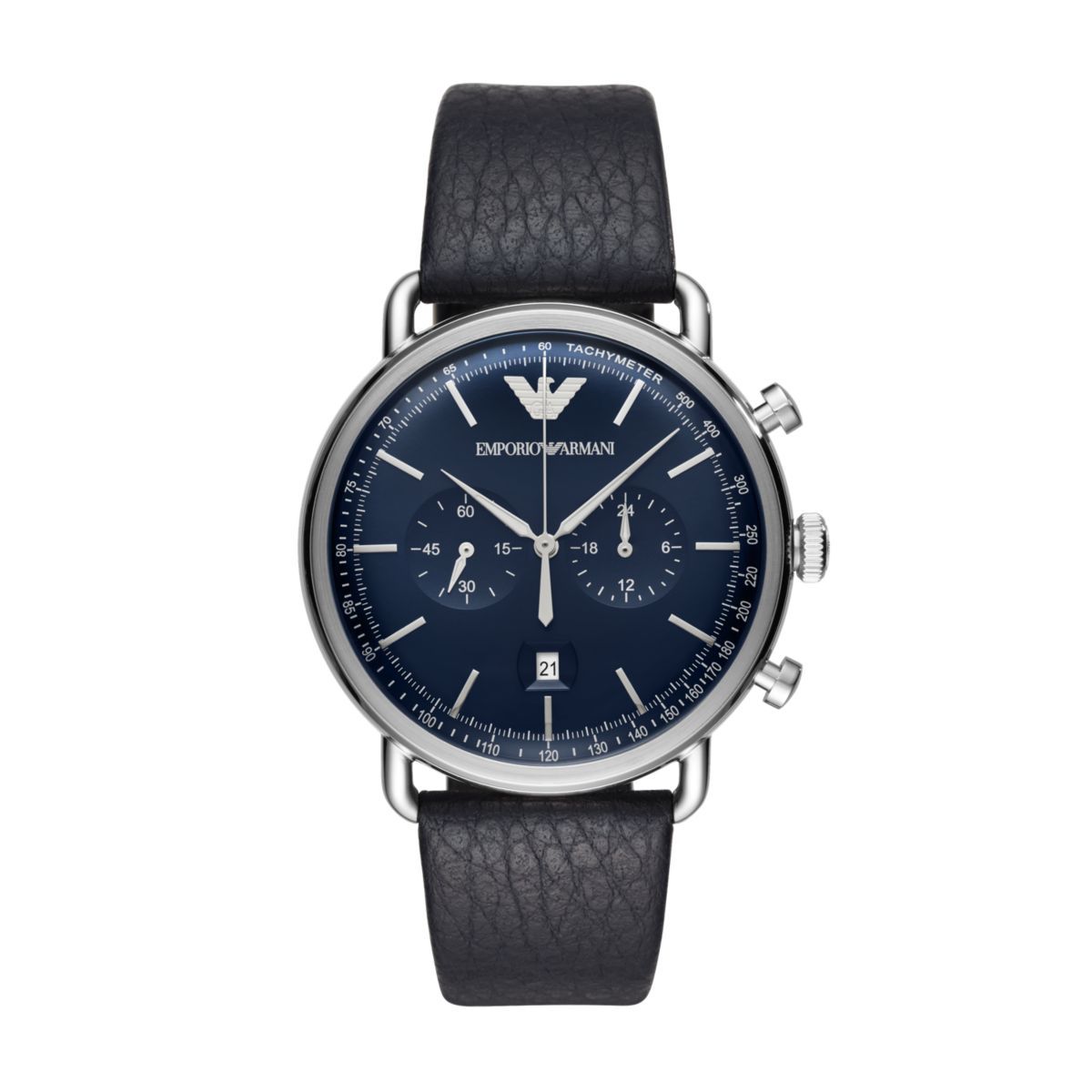 Emporio Armani Aviator Silver Dial and Black Leather 42mm Men's Watch | AR11105