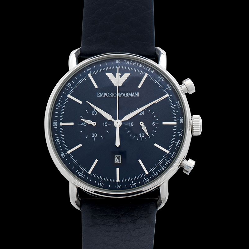 Emporio Armani Aviator Silver Dial and Black Leather 42mm Men's Watch | AR11105