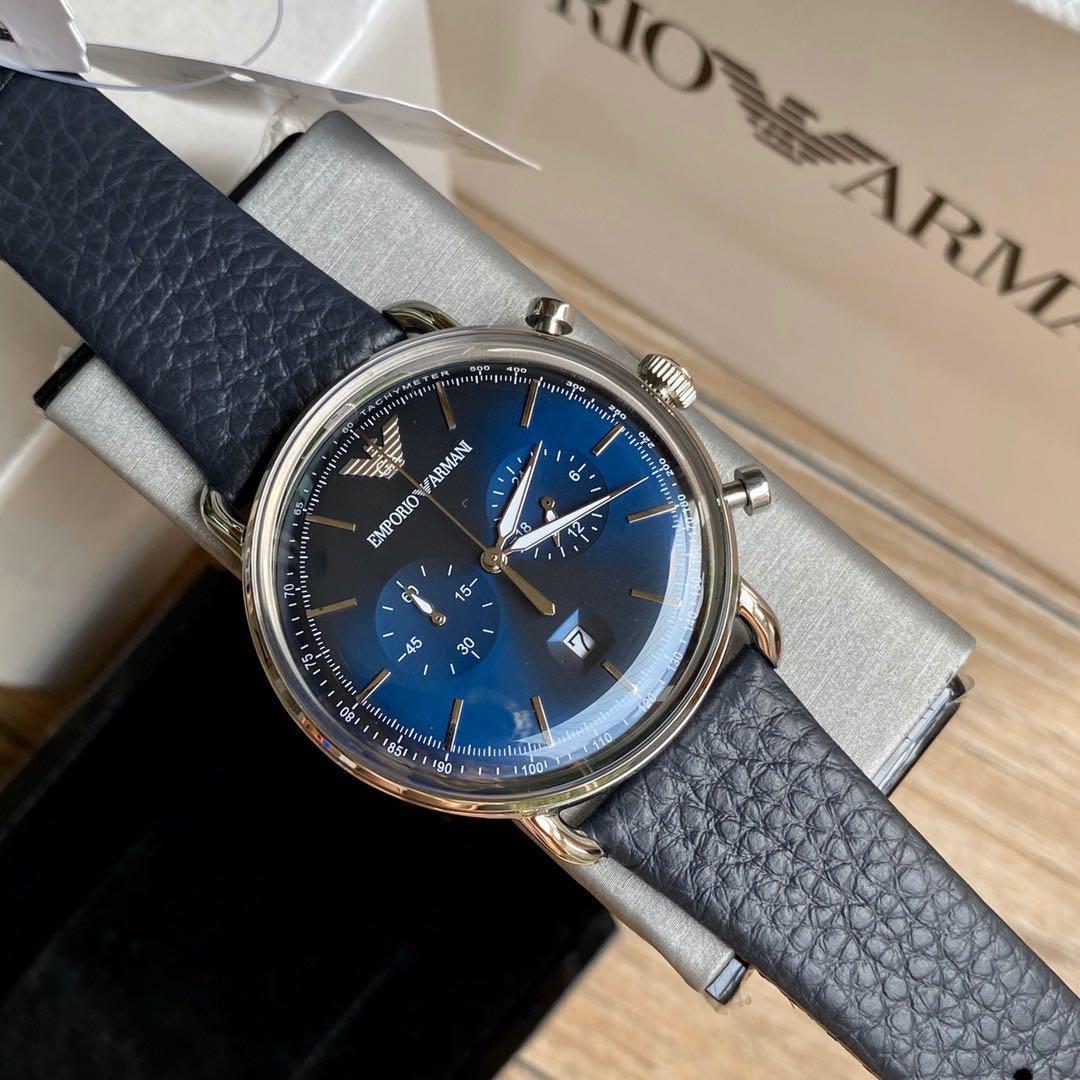 Emporio Armani Aviator Silver Dial and Black Leather 42mm Men's Watch | AR11105