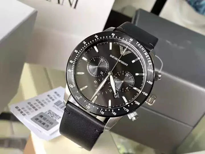 Emporio Armani Mario Black Dial and Black Leather 43mm Men's Watch | AR11243