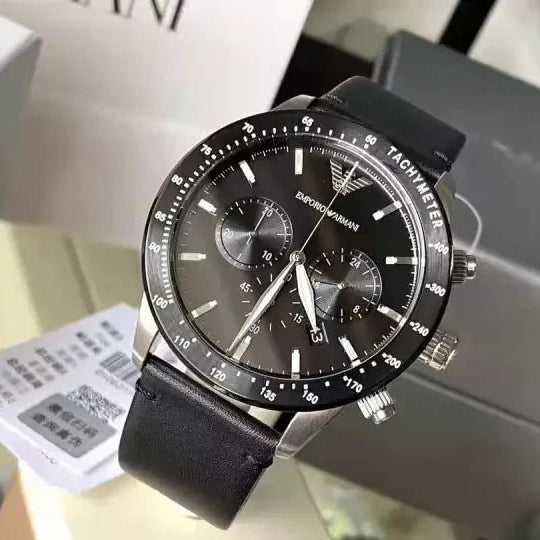 Emporio Armani Mario Black Dial and Black Leather 43mm Men's Watch | AR11243