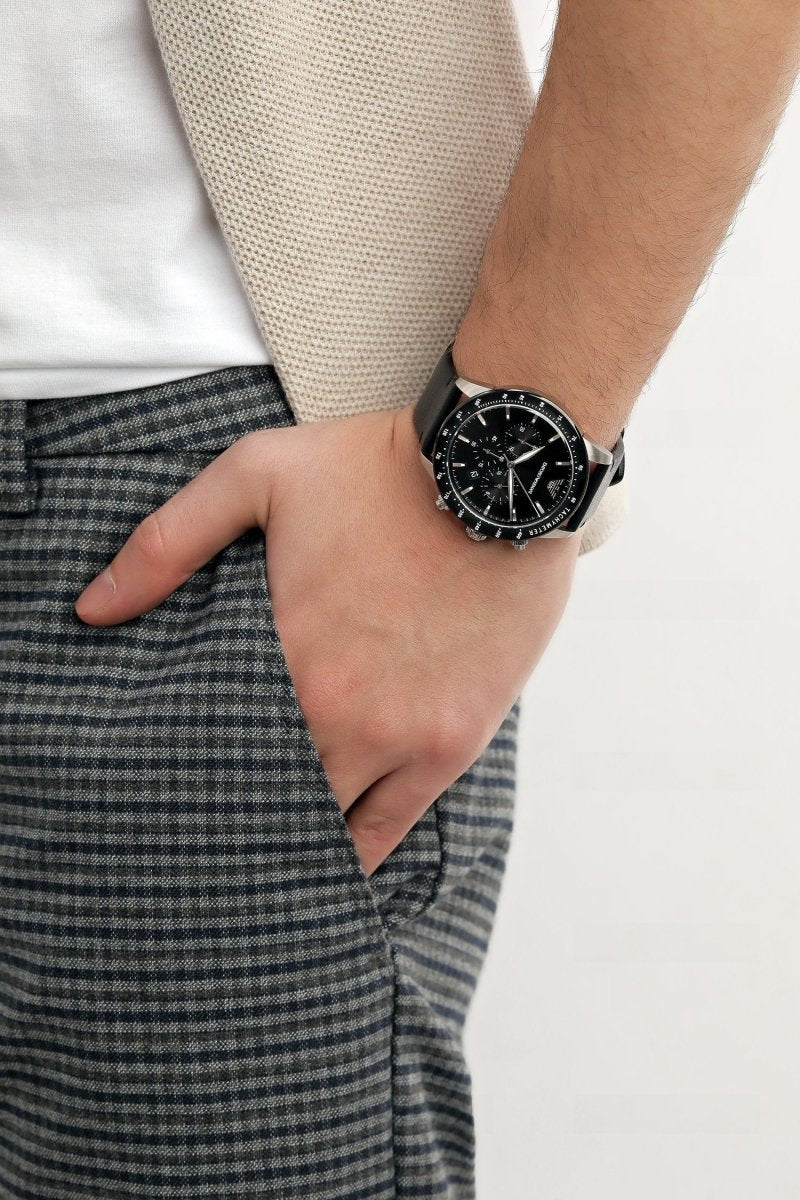 Emporio Armani Mario Black Dial and Black Leather 43mm Men's Watch | AR11243
