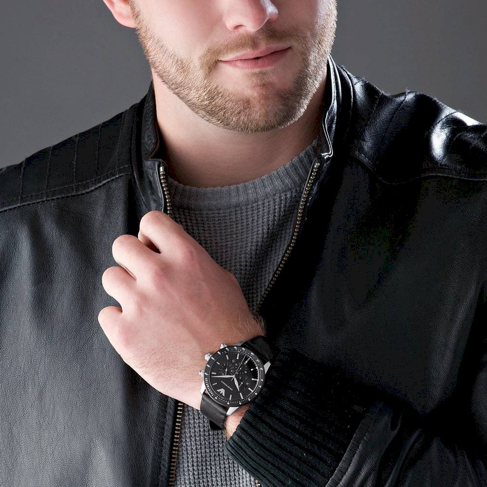Emporio Armani Mario Black Dial and Black Leather 43mm Men's Watch | AR11243
