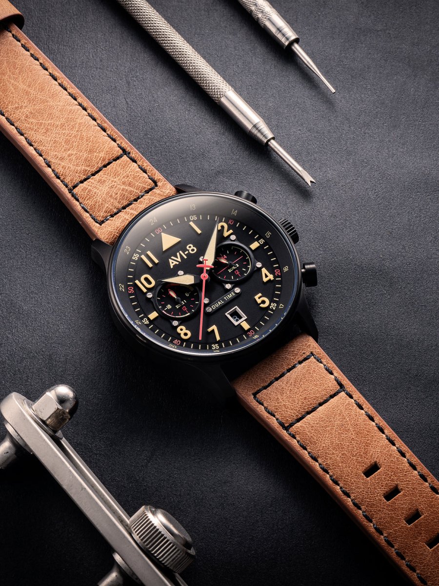 AVI - 8 HAWKER HURRICANE Carey Dual Time Debden Black Dial Tan Leather Strap Men's Watch | AV - 4088 - 03 | TIME Watches