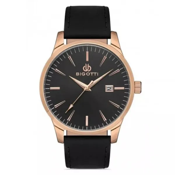 Bigotti Rose Gold Black Dial Calendar Rose Gold Hands Black Leather Strap | BG.1.10257-4