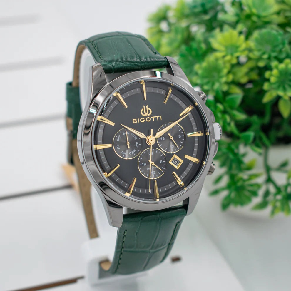 Bigotti Chronograph Green Dial Leather Strap Men's Watch | BG.1.10491-4