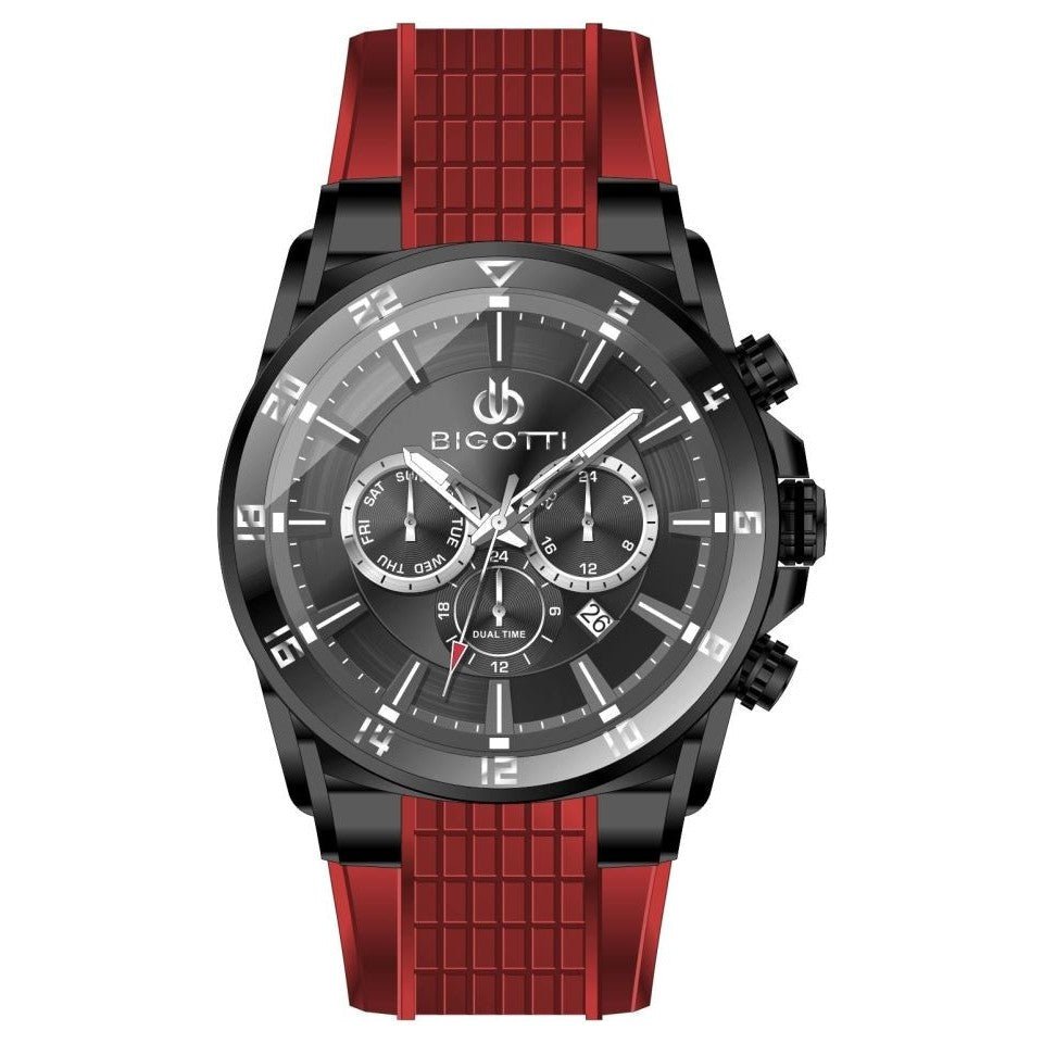 Bigotti Black Multifunction Dial and Red Rubber Strap Men's Watch | BG.1.10648 - 6 | TIME Watches