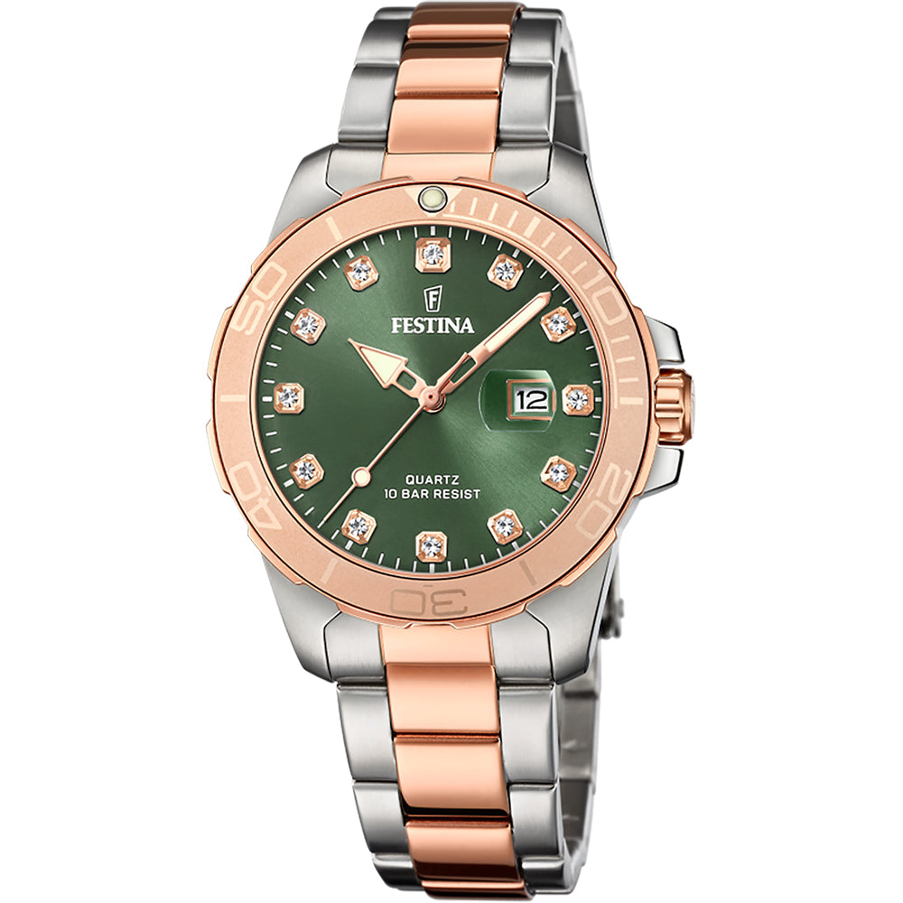 Festina Boyfriend Quartz Olive Green Dial Gold PVD Women's Watch | F20505/4