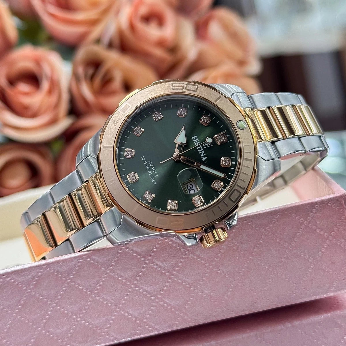 Festina Boyfriend Quartz Olive Green Dial Gold PVD Women's Watch | F20505/4