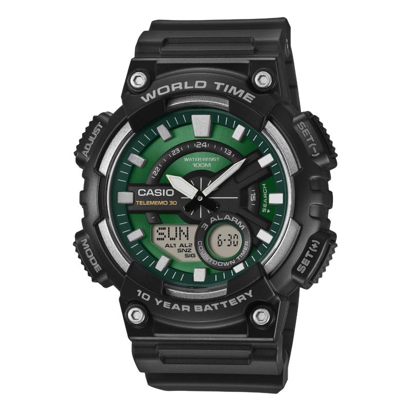 Casio Standard Green Dial and Black Rubber Strap 44mm Unisex Watch | AEQ-110W-3A2VDF | TIME Watches