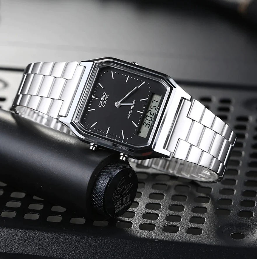 CASIO Vintage Silver & Black Analogue Digital Men's Watch | AQ230A-1DMQ | Time Watch Specialists